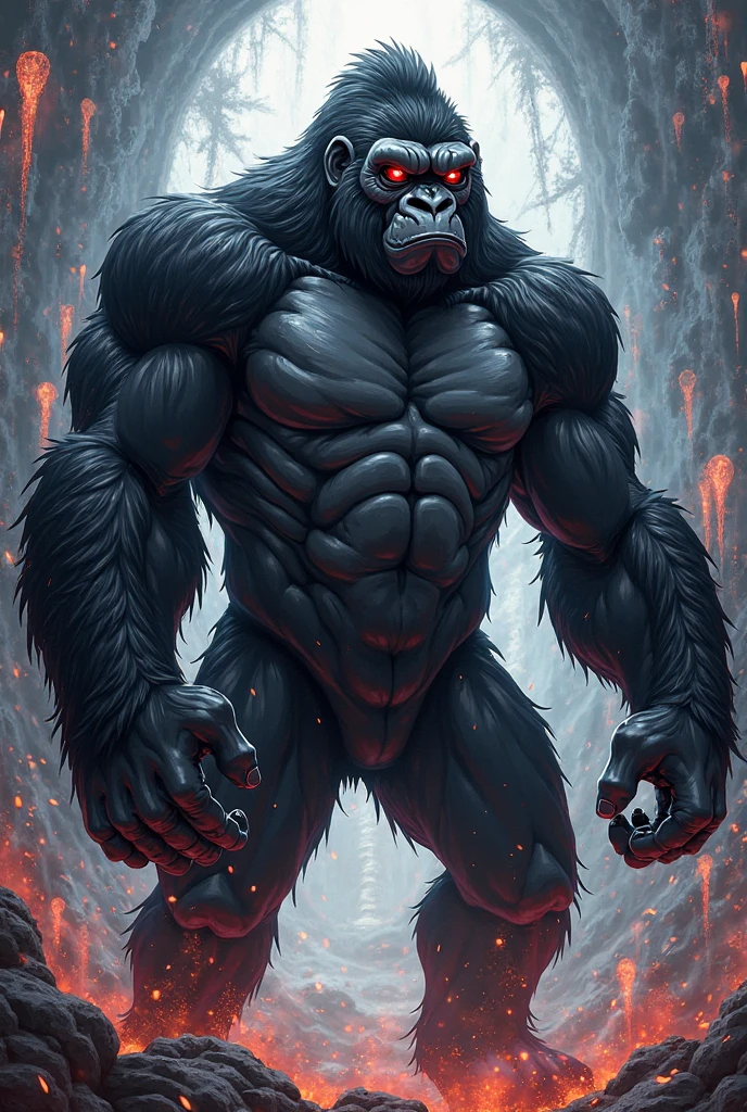 Gorilla with very strong arms and white eyes and a red glow all over his body and in the sky with an electrical storm and a very bright lightning bolt and the open earth