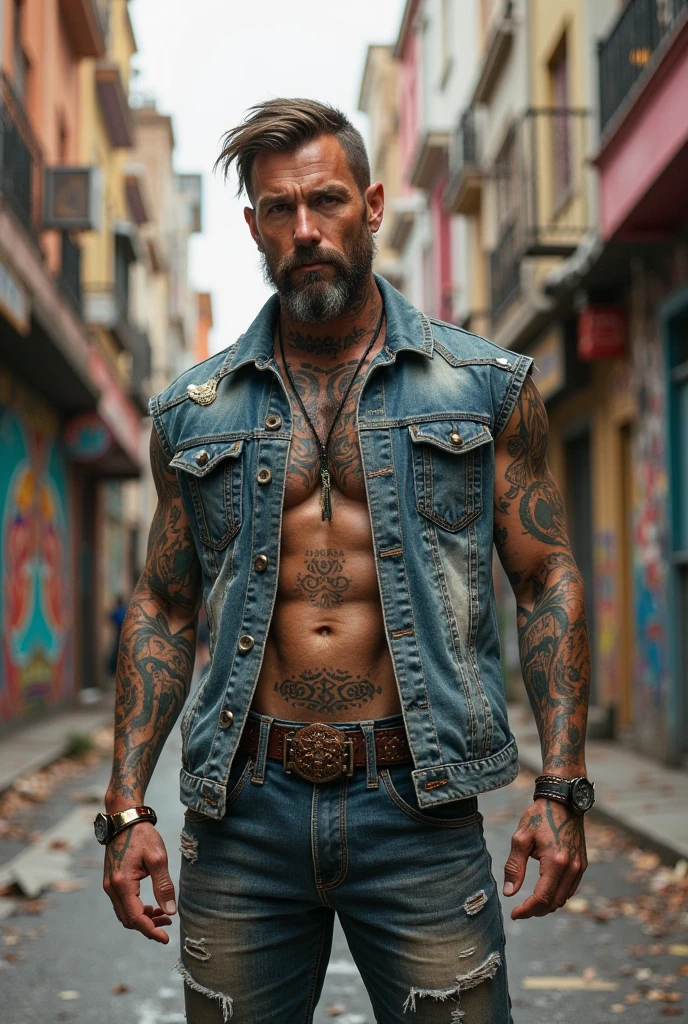 tmasterpiece,Ultra photo realsisim,32K,extremely detailed nipple,Western cowboy,Tattooed with,hand gun,knifes, Unified wallpaper, Best quality,Cinematic style, (shredder:1.2),(Westworld:1.3), (Sci-fi Westerns:1.3)