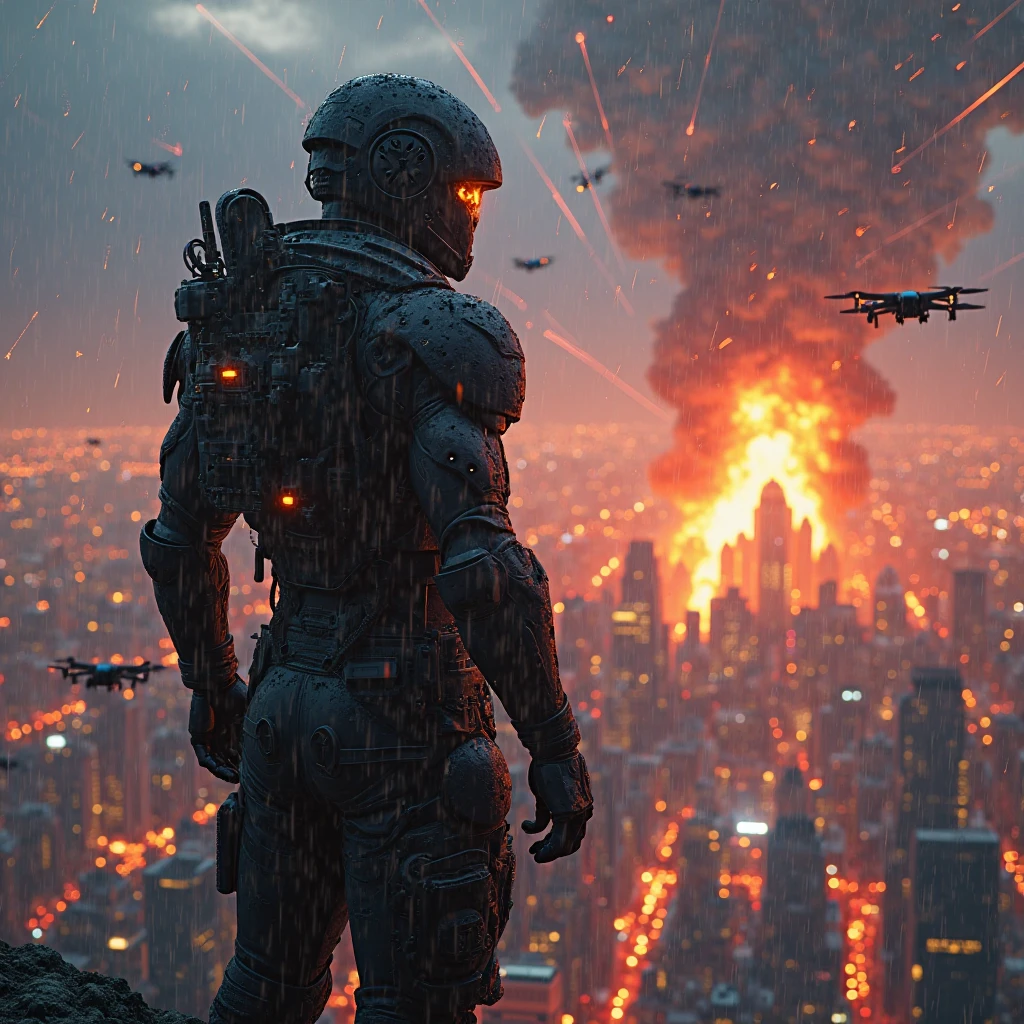((best quality)), ((masterpiece)), ((inked)), (shot from behind, 1girl:1.2), majestic intricately detailed soft oil painting by jim lee, body wide angle shot, futuristic cyborg warrior in a ruined city, warzone, explosions, billowing smoke,towering destroyed buildings, robots, alien spacecraft, (backlit:1.3), highres, depth of field, (deep shadows:1.2), high detail, sharp focus, smooth, roughness, real life, backlit, photorealism, photography, cinematic Film still from (edge of tomorrow:0.8):0.8)|independence day|mass effect