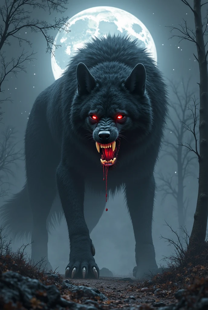 black alpha wolf red eyes and red moon behind ( furious, with blood in the mouth, how scary)
