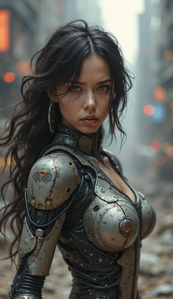 beautiful woman Chloë Grace Moretz, attacking a robot, expression of anger, (photorealistic), (high resolution 4k, 8k) apocalyptic scene, painting of Chloë Grace Moretz in high definition, cyberpunk style, post-apocalyptic, woman Chloë Grace Moretz wearing a costume with mechanical parts, a helmet with mechanical parts, transparent glass showing the hyperrealistic face, mechanical arms, large bust, defined body, defined field, nffsw,(sharp focus, realistic)(maximum quality),((best quality: 1.5) ,((masterpiece: 0.8)) intricate details, full body picture,