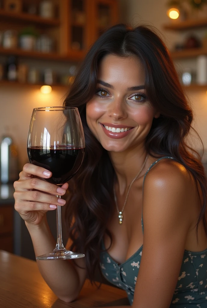 cute beautiful brunette, hispanic, drinking a glass of wine, ful body, perfect angle, very detailed, 30 years old, flirty fa
ce, messy long hair, brown eyes, high-res, masterplece, best quality, intricate details, highly detalled,sharp focus, detal
led skin,roallstic skin texture,texture, detalled eyes, profossional, 4k, smile, shot on Canon, 85mm,shallow dopth of hel
d,kodak vision color, ayeshadow, extromoly detalled, photo_\(ultra\), photoreallstic, realistic, post-processing, max de
tall, roughness, real life, ultra reallstic, photorealism, photography, 8k uhd, photography, braless, pokies