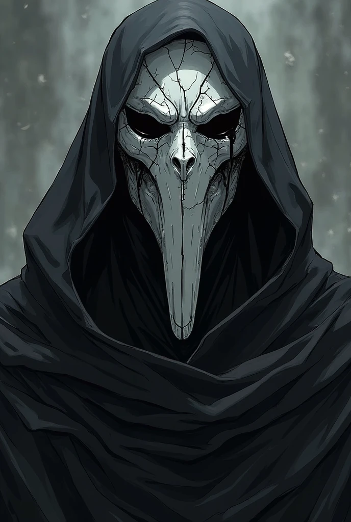 white mask with several black lines crossing and a black anime warrior snake symbol
