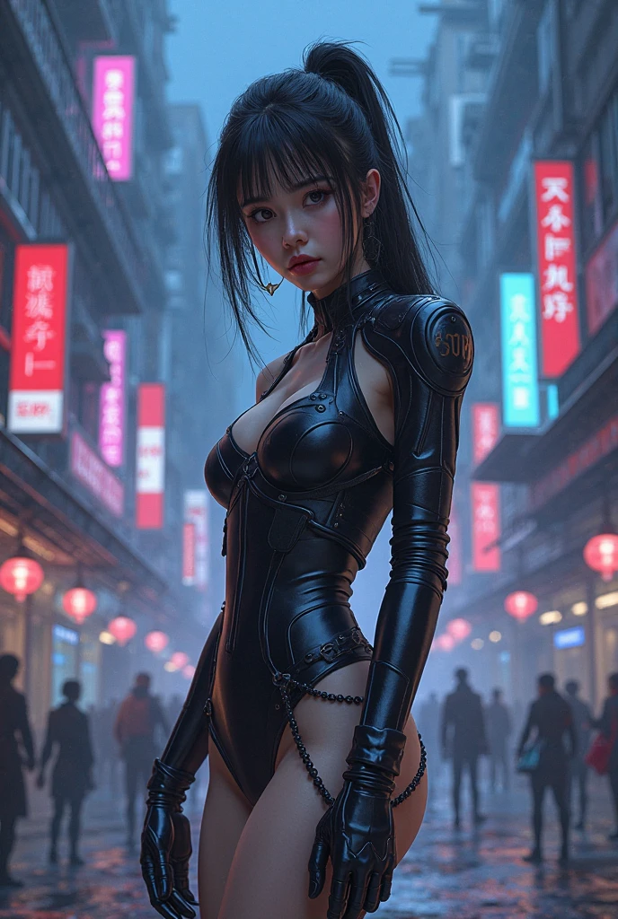 Cinema Lighting,Highly detailed skin、Beautiful details、Highest quality,cyber punk,(Exchange、Dim color, Calm tone、Perfect Anatomy:1.3),(One beautiful woman、Beautiful features down to the last detail:1.3)（Black short hair）Shapely breasts、break.Black Leather Jacket、Black Satin Suit Slacks、.Black Hair、Put your hands in your pockets、Arms crossed、Near city station、night。Japanese, Camel hoof in groin、Camel Toe、ghost in the Shell、Blade Runner