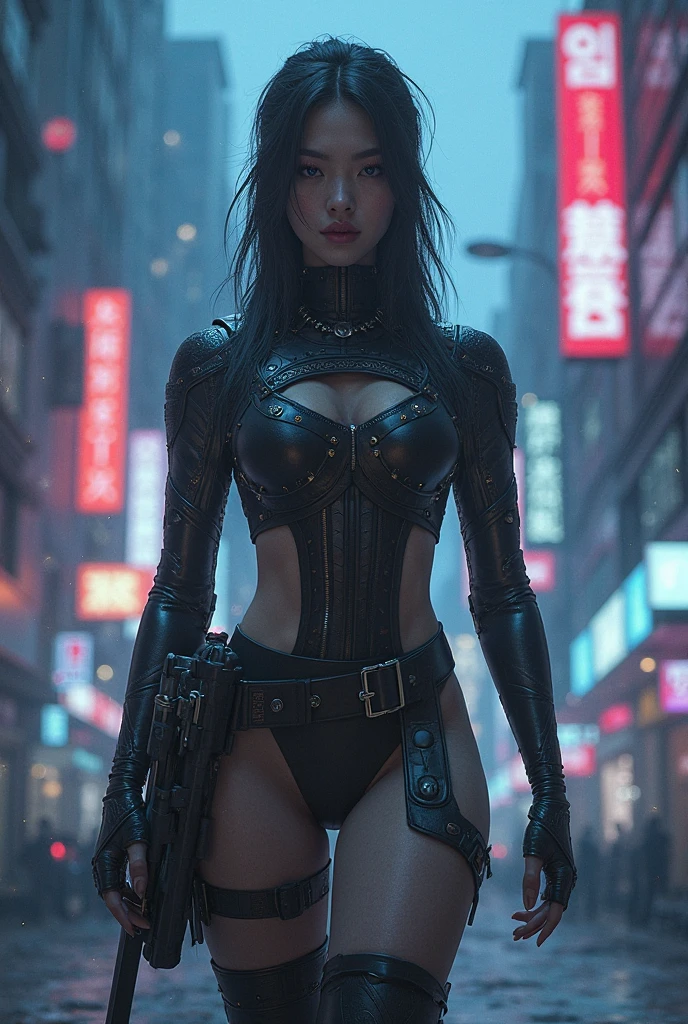 Huntress riding a high-tech motorcycle, Shoot high-tech artillery, Sparks from the gun, (1 female, brown eyes, white skin, Twin-tailed black hair, choker, small breasts, skinny, lip whole, compensate, eyeliner, Russia), Wearing black one-piece leather armor, Long leather gloves, long Leather boots, In a cyberpunk town at night, (cyberpunk theme), (masterpiece, highest quality, 8K, sharp focus, Depth of bounds written, best shadows, perfect light, HDR, realistic skin texture, Ultra-detailed and detailed background), wide shot