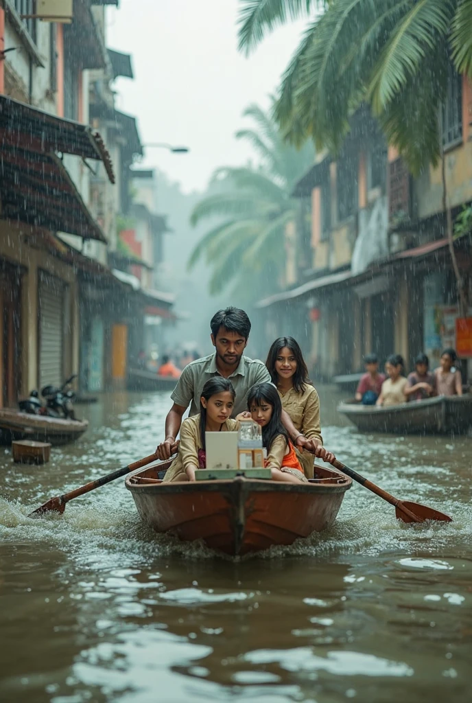 Flooded village and children Crying on the boat Wear a life jacket and held the cat in his lap The background elements are clear and realistic.  There are many villages where the water is brown and there is clear rain. High profile 150k.
