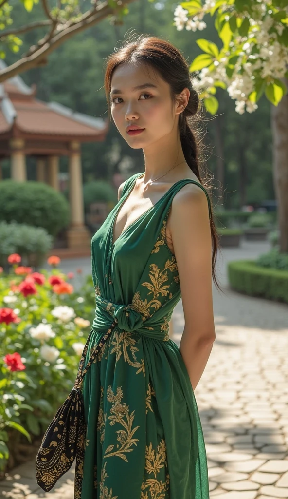 ((Top Quality, 8k, Masterpiece: 1.3)), (BRAV5:1.5)), Japan 1 Woman, (((Full Body Photo: 2.0)), Full Body Portrait, Shot from Below, (Nipple Shadow: 1.8), Nipple Shadow, Beautiful Girl with Slender Emphasis: 1.3, , (Very Thin Waist), Thin Waist, (Hairstyle Short, Small Breasts: 1.2), ( Very Slender Abs: 1.1)), (( Dark green turtleneck halter neck: 2.6, off-shoulder long dress with floral pattern: 3.5, gold embroidery on the chest: 1.3)), headband with a gold ornament, (nipple shadow: 1.3), outdoor, ultra-detailed face, detailed eyes, double eyelids,