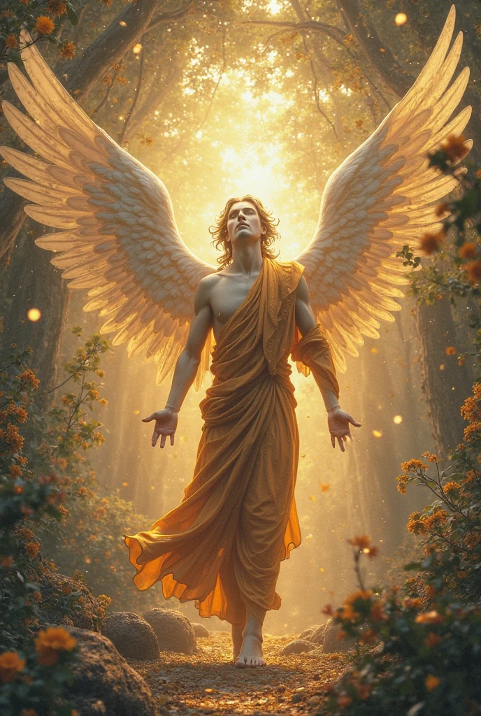 Create a full body angel, naughty man, with feminine traits. Your posture should convey power, authority and splendor. Your hair should be long and blonde with a golden hue.. Your eyes should be white as a cloud. He must wear an orange toga with gold details.. Your skin should be white. Your features must be austere and harmonious. The blazing sun must be behind him in evidence like a halo over his head.. Zodiac symbols should appear in the image. Your artistic skills are crucial to bringing this majestic work of art to life.