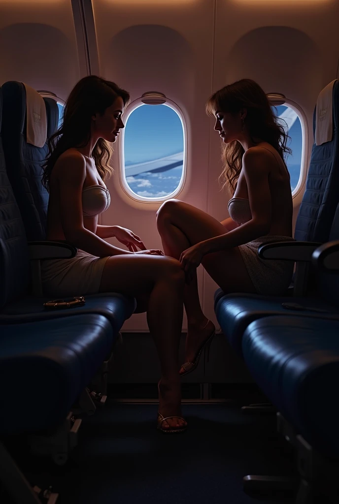 Camilla Belle and Mary Kate Olsen (((naked))), on a plane, shy, worried, hiding, ((face blushing)), (((hands covering breasts))), (((embarrassed pose))), angry, perfect legs, holding plaid blanket