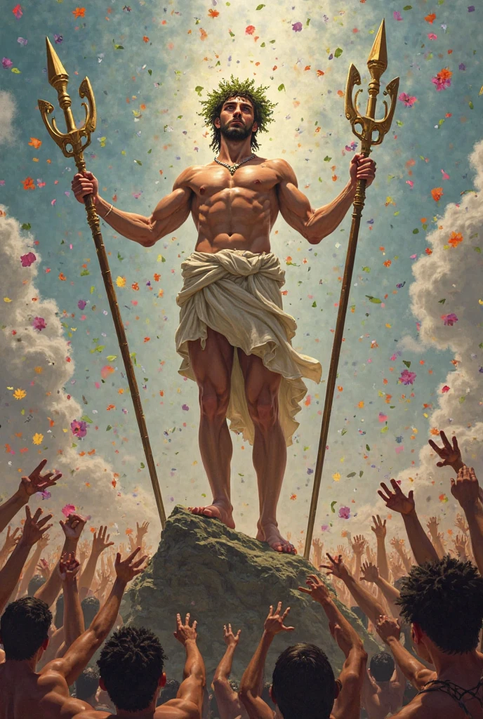 Portrait of a mighty Zeus unleashing all his powers, digital painting in the style of Robert Liberace, dynamic action poses of stout zeus, god of thunder, greek god, blond hair, male, mature, handsome, upper body, muscular, hairy torso, fantasy, intricate, elegant, highly detailed, digital painting, art station, concept art, soft, sharp focus, illustration, art by Robert Liberace, Gaston Bussiere and Alphonse Mucha