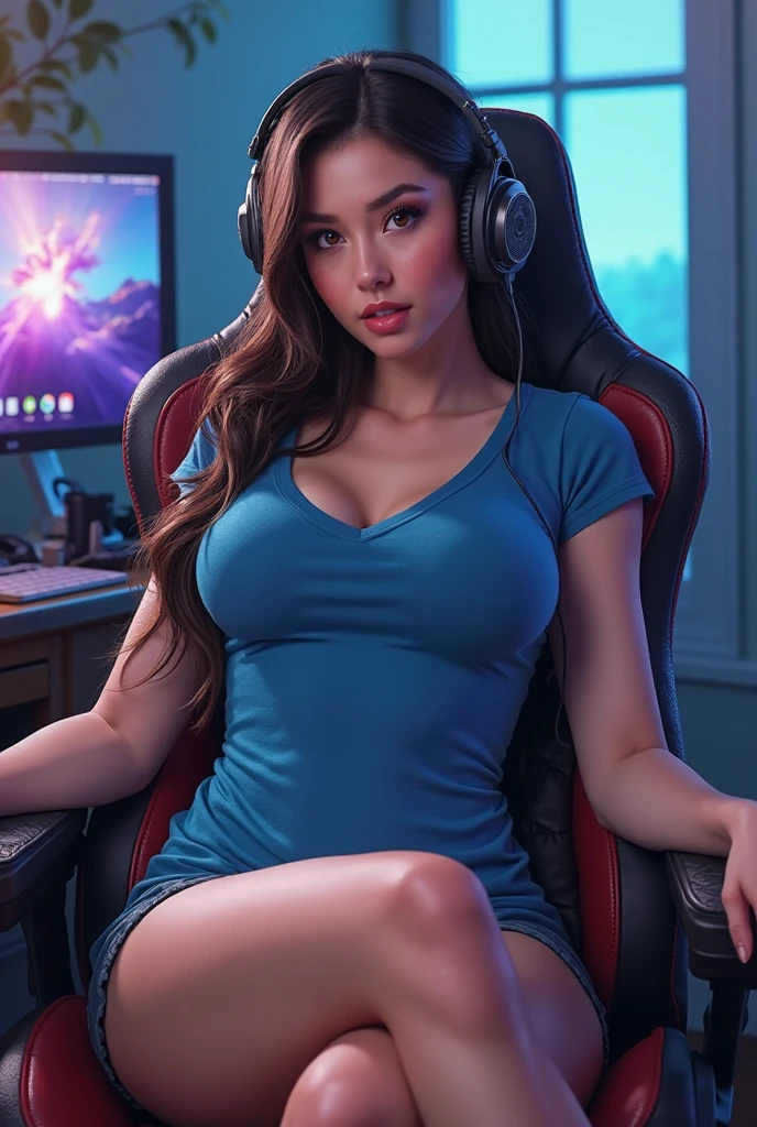 (masterpiece), (best quality), a beautiful,sexy woman, long hair perfect face, facial details, shirt, (jean shorts), cleavage, gaming room, gamer, perfect body anatomy, cowboy shot, background, monitor , speakers, gaming chairs, lights, highly detailed, realistic, depth of field, neon lighting, intricate details, uhd, 16k