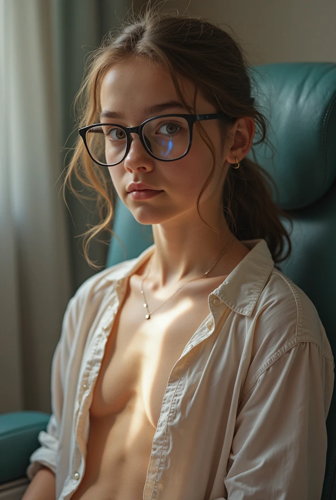 Create a hyper-realistic full body picture of a young teen 12 year old, very small breast, with wavy brown hair, wearing round glasses and a white pantyhose without underwear. The woman has a fair complexion with subtle freckles, and her hair is partially tied back with a delicate headband. She is looking with a calm, she is seating while spreading legs towards camera, very childish and skinny, showing her pussy. The background features a richly decorated library with wooden bookshelves filled with books, some with gilded spines, and a warm, ambient light. There is also a brass lamp with intricate details on the desk beside her. The overall atmosphere should be cozy and intellectual, with a focus on capturing the fine details and textures in both the woman's appearance and the library setting, cum, cum on face.