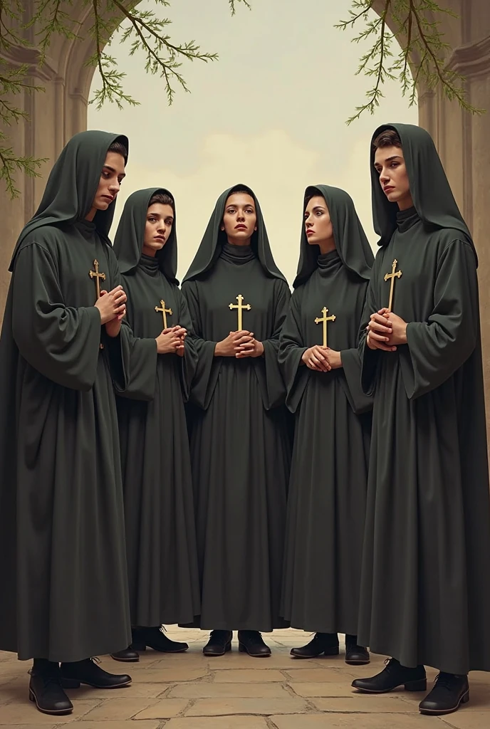 Generate an image with religious figures in white on the left and black on the right, less scary and some don&#39;t like each other and quiet women 
