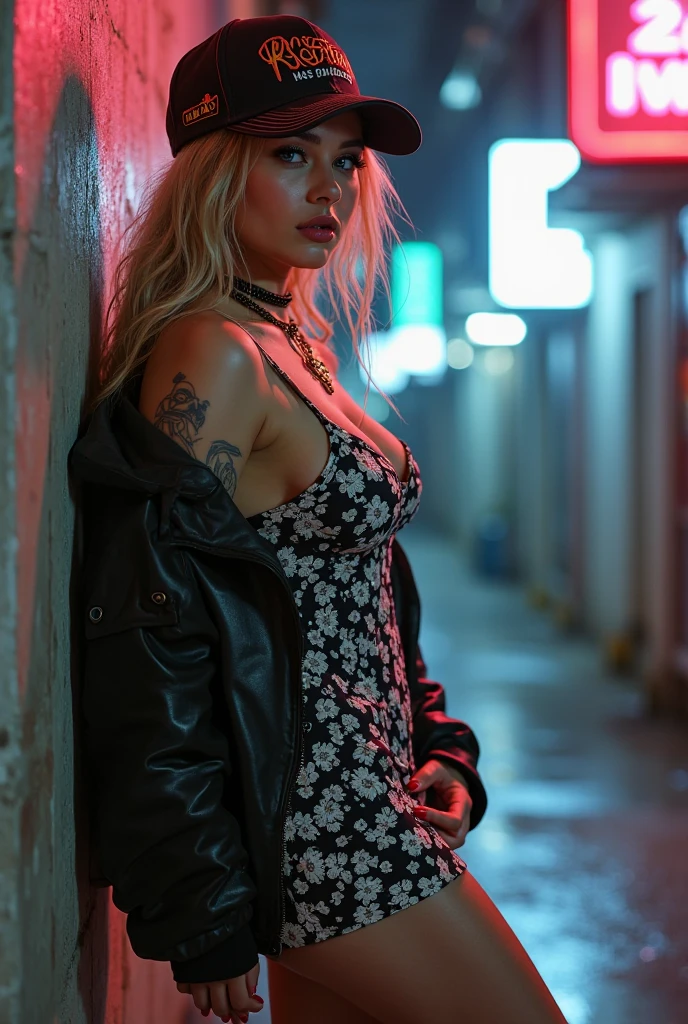 Prompt: ((The photograph captures a vibrant and Playful moment with the halftone pattern)),Featuring A blonde-curvy girl. with pale skin, on a dimly lit background.She has very pale skin,(well-defined legs, and an hourglass figure), realistic.
a woman with tattoos on her legs and a pink dress, a photo by Zack Stella, tumblr, toyism, fully tattooed body, tattooed body, full-body tattoos, with tattoos, full - body tattoos, inked, succubus in tight short dress, tattoo sleeve on her right arm, looks like fabiula nascimento, thick thighs, beautiful thick female
"Life is too short to wear boring clothes!", The scene is captured on a faded film reminiscent of a 70mm(photo from decades past). The photograph captures the cold and foggy of the night, A subtle haze and a soft focus on the background enhance the quality of the image, (backlighting), Horror movie effects.((The camera is tilted to create a sense of disorientation or artistic tension)),