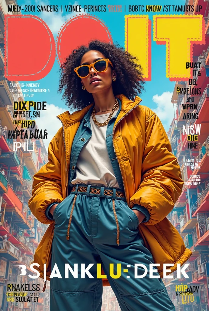 woman wearing buttonup collared shirt and oversized patterned sweater vest, high-waisted bootcut flare wide leg jeans, canvas sneakers, rimless sunglasses, 90s record store, shelves of vinyl records and CDs, walls covered with band posters, listening station with headphones, the smell of old paper and plastic, 1990s style two twisted hair buns with tiny hairclips, deep blue, black, white || masterpiece, 8k, high resolution, shallow depth of field, sharp focus, highly detailed