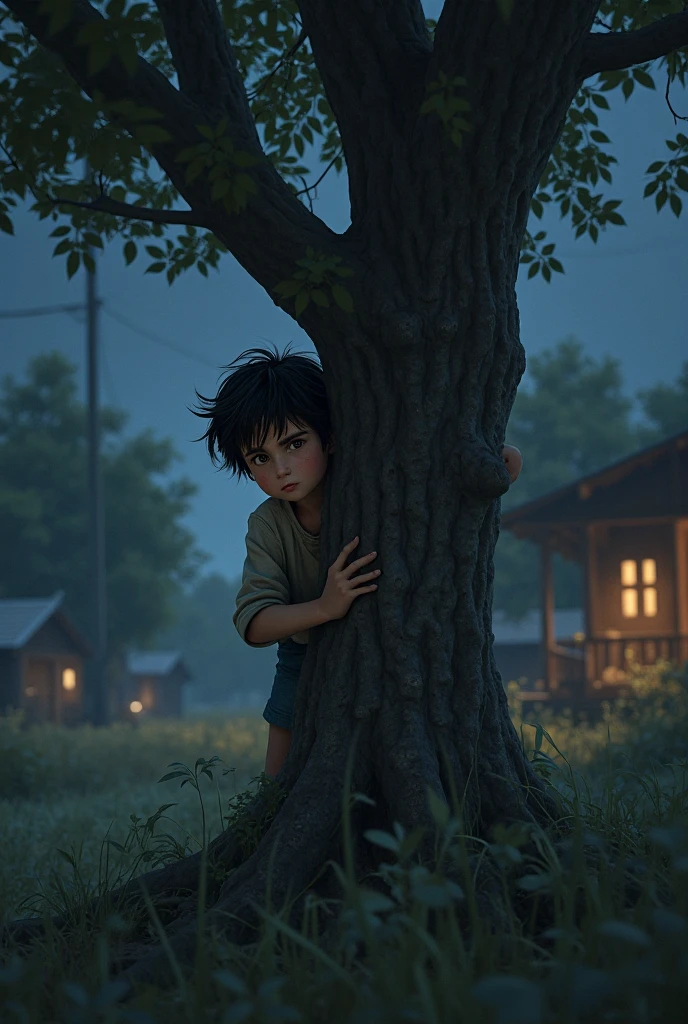 High quality realistic Anime style, high definition high quality realistic, shaded, photorealism, Ray tracing, 8k, uhd, masterpiece, small male ??? (around 9yo) alone, young small body, peasent medieval clothes white shirt with belts and brown leather pants, dirty clothes, black hair, distinguish and strong colored yellow eyes, sitting holding his ones, with cold, on the entrance of a cave, strong rain, dark mood, strong tempest, serious and lost expression. Stone cave in a Forrest surrounded by rain and no sunlight, bonfire, night time, moonlight