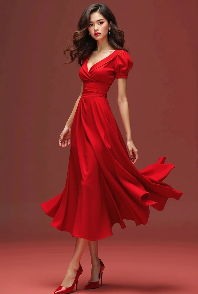 image of a full-length woman, detailed medium brown hair, sparkling yellow eyes with long eyelashes, short red dress with voluminous full skirt, detailed high-heeled sandals. full body image. shoe foot