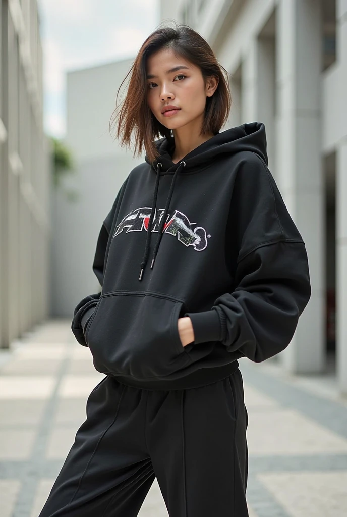 masterpiece,best quality,very beautiful 12 year old girl,black adidas sweatshirt hoodie,Highest quality,(realistic:1.5),Wink,smile,((Put on the hood)),Close your left eye,very thin legs,Low-rise hot pants,natural skin texture, raw photo,