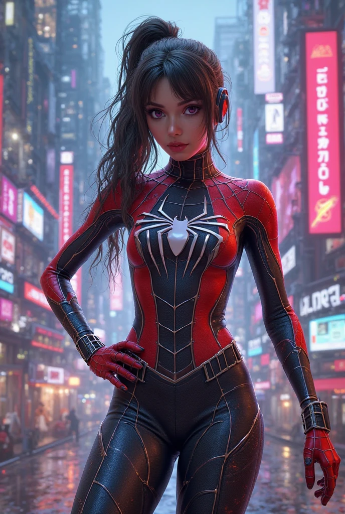 Dibuja a una mujer joven, cabello ????? corto, ojos violetas, sonriendo y sonrojada, con traje de spiderman ????? y las lineas del traje morado neon, en los brazos de un hombre con traje rojo de spiderman, ambos en el aire y de paisaje una ciudad atras de ellos.