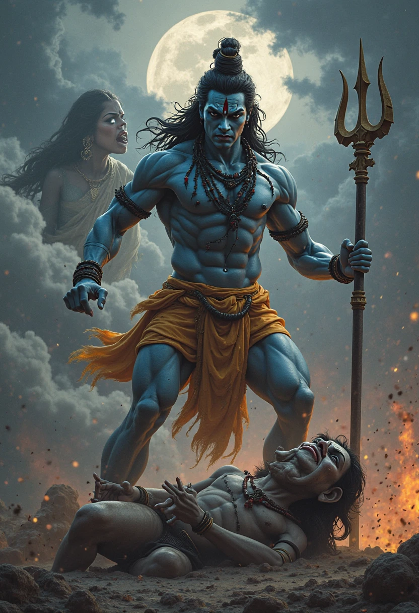 Draw a lord shiva killing a asura with his trident