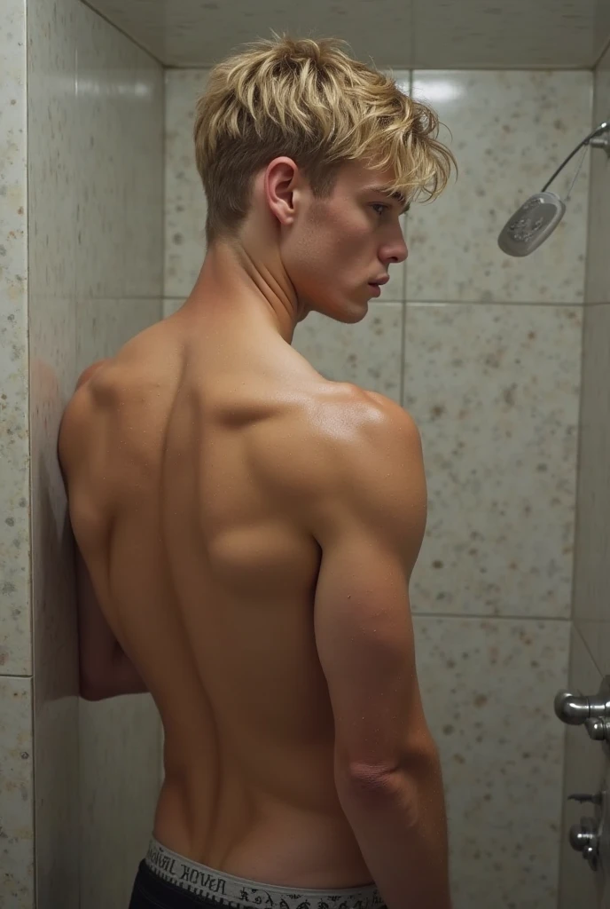 Japanese high school boy、16 years old、Well-developed muscles and smooth skin、Pale blonde hair, spiky like Bakugou、Light grey boxer briefs、The whole body is visible from toes to head、Fist pump in the bathroom、Hero Academy、He laughed fearlessly, showing his teeth.