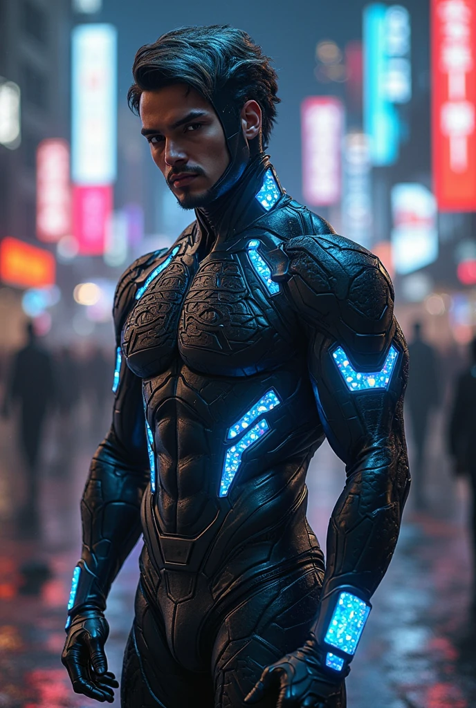 30 years old man, stubble, wearing transparent see-through futuristic clothes, breathtaking grandeur, LED internal lighting, cyberpunk style, fibre optic hair, glowing blue iris, muscular, best quality, masterpiece, intricate details, dynamic pose, dynamic angle, (surreal), (illustration), ((oil painting \(medium\):1.2)), sharp focus, soft lighting, vibrant colors, cinematic photography, dynamic angle, volumetric lighting, film grain, hard shadows