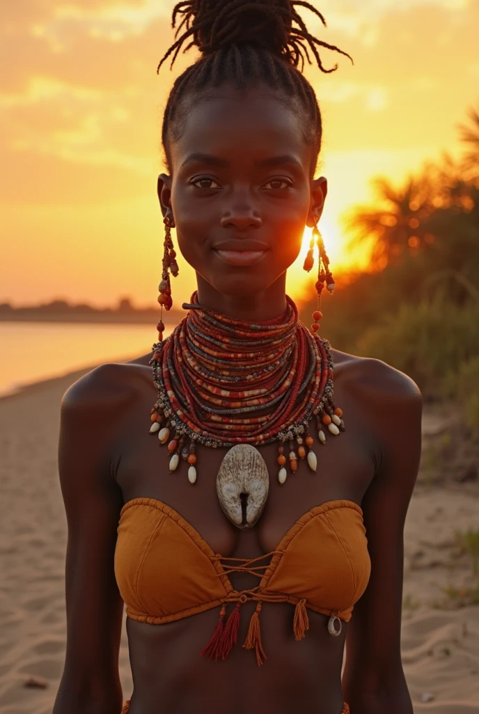 In the savannah of Namibia, the young girl from the Himba tribe dances around a fire and laughs. She wears a jewelry necklace over her round chest, which is covered by a simple shirt. She wears a long cotton skirt. on both arms and ankles wears the jewelry hoop. She has a beautiful face with green eyes, (belly button), (groin), (collarbone), (masterpiece:1.2) (photorealistic:1.2) (bokeh) (best quality) (intricate details) (8K) (high poly) (ray tracing) (cinema lighting) (sharp focus) (detailed face) (detailed pupils)