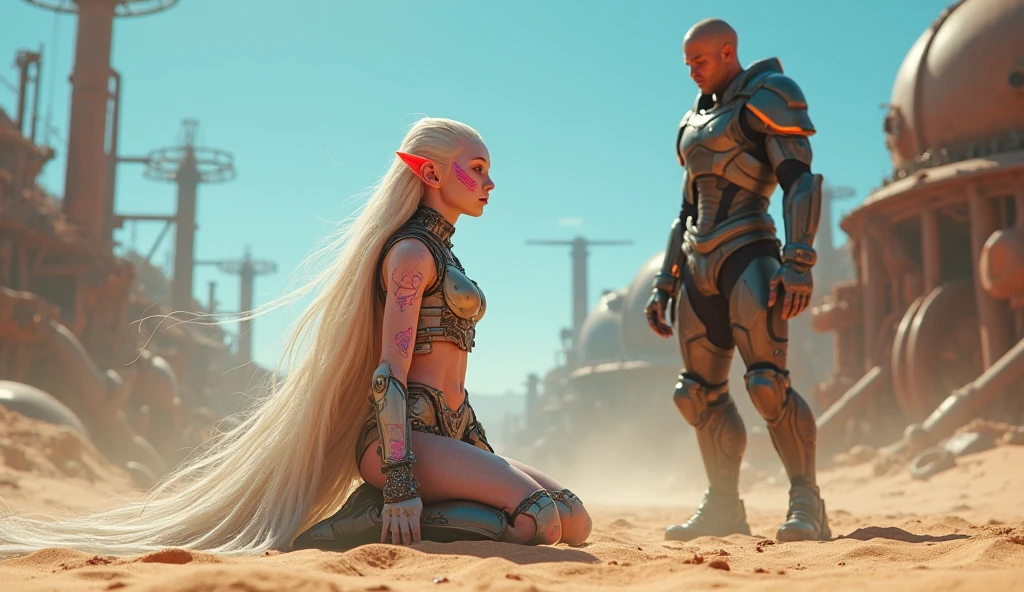 arafed woman in a pink dress standing next to a silver statue, die antwoord music video, movie still of a alien cyborg, film still from movie dune-2021, from a 2 0 1 9 sci fi 8 k movie, movie still of the alien girl, movie still of aztec cyborg, still from a music video, still from movie dune --auto --s2