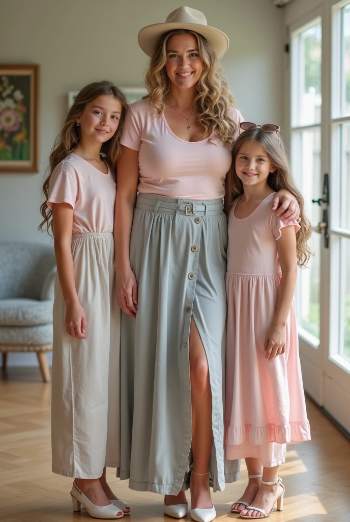 Four 10 year old American girls wearing casual long floor length maxi skirt covering legs and casual loose t shirt