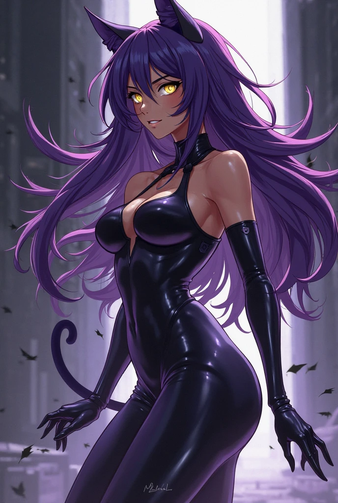 aurora, long hair, purple hair, very long hair, purple eyes, hair over one eye,
gloves, dress, cleavage, bare shoulders, sleeveless, black gloves, black dress, clothing cutout, cleavage cutout,