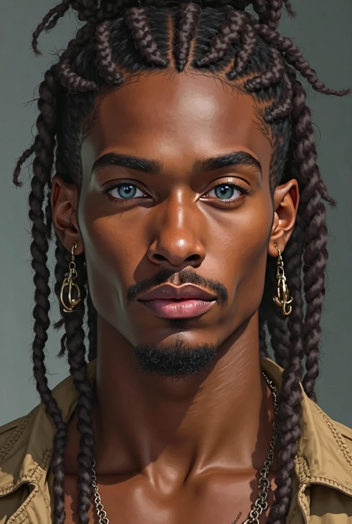 Black man with large brown eyes, tall and relatively defined body, oval chin, straight forehead, straight and moderately long brown hair of thick strands, small and rounded ears, short arched lips and brief pointed nose. natural light, exquisite details, high resolution, highly detailed eyes and face. Tired and haggard face. Torn prisoner's clothes. Anime style.