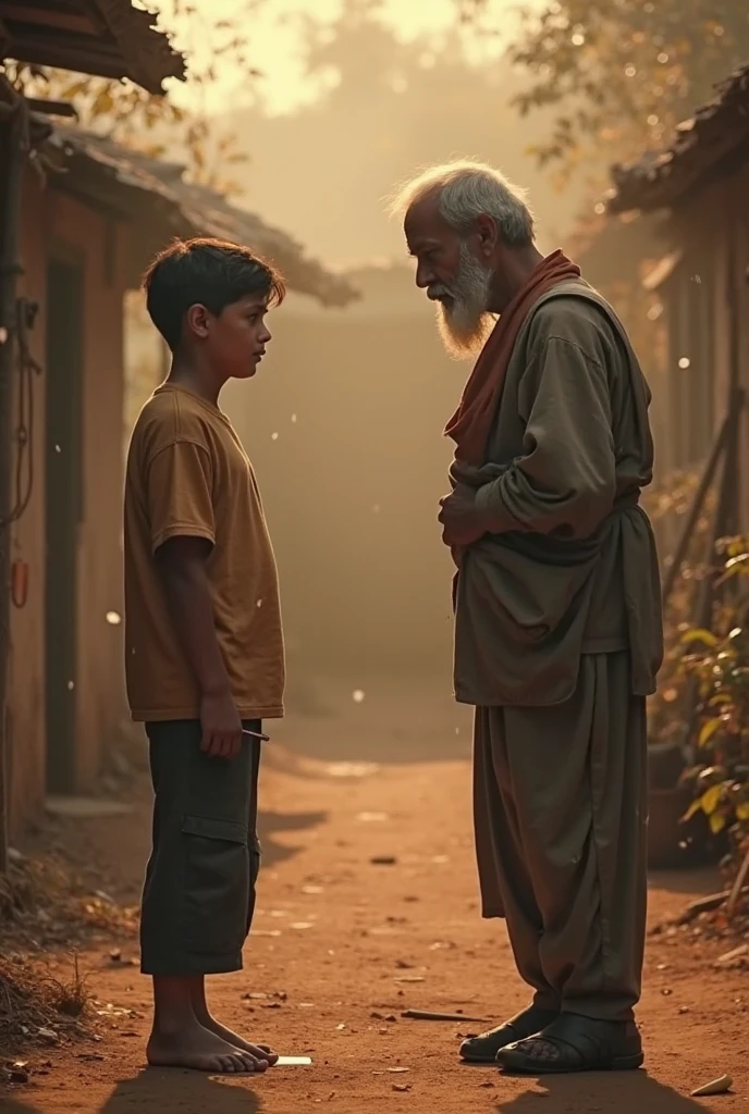 Create an image that the sky is cloudy, below is the sea with many boats, but there is a boy who is very beautiful, he has a tilak on his head and a small Rudraksha rosary in his hand and he also has some body parts. You are wearing light saffron clothes on your body That child is standing near a beggar The beggar has torn clothes and has a big beard on his face and that beggar is shouting at that child.