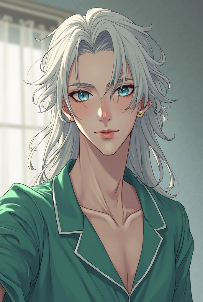 (masterpiece), best quality, detailed hair detailed face, ultra high res, sharp focus, medium close-up, ((1 man, solo)), perfect handsome face, masculine look, in the bedroom, sitting on the bed, (Sephiroth from Final Fantasy, silver white hair, long hair, smiles, muscular body, ((perfect shape eyes, green eyes))