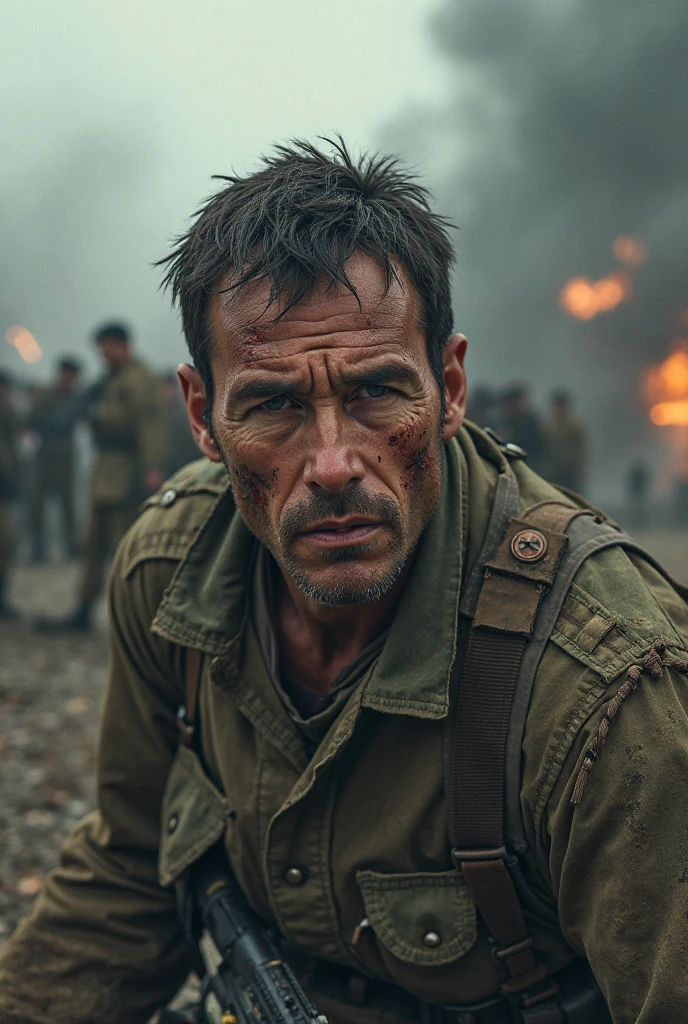 soldado de mediana edad, in a post-apocalyptic age, with dirt on the face and accumulated tiredness after the battle