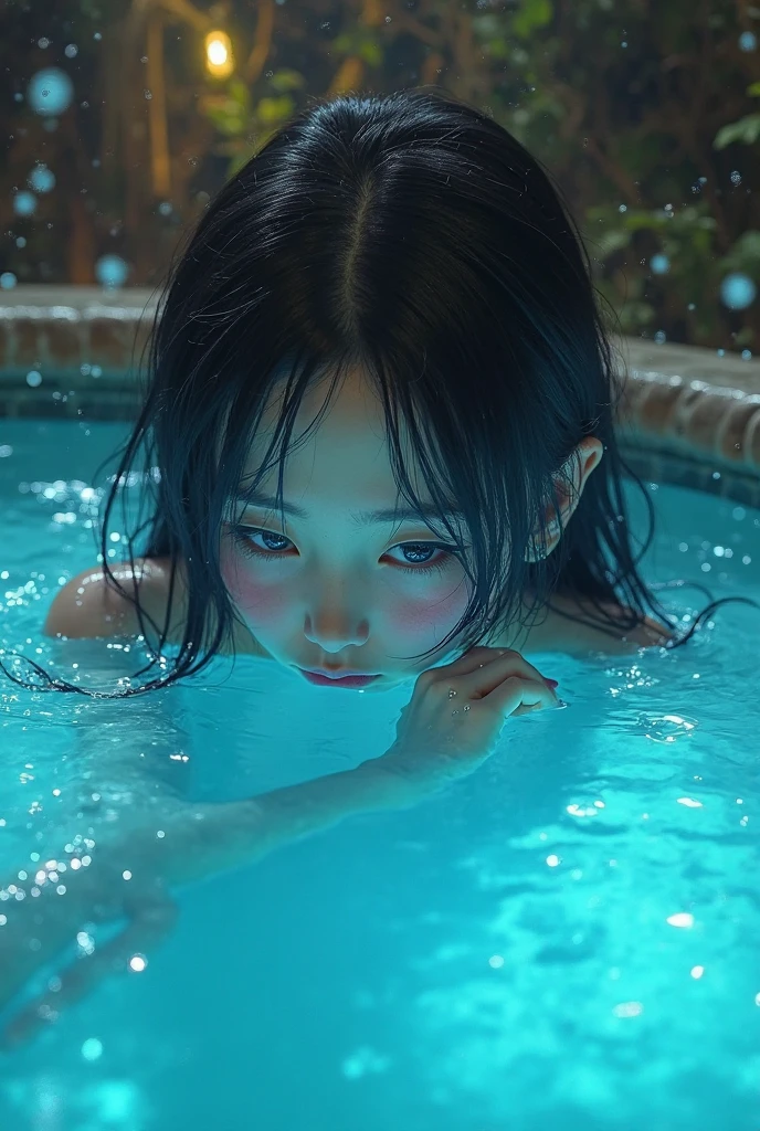 Kpop idol, photorealistic, detailed face, an underwater photograph of a beautiful naked lady diving into the ocean, captured in a high-speed shot that freezes the moment she breaks the surface. The scene is bathed in natural light, with intricate bubbles and ripples forming around her body. Moody, highly-detailed, and smooth, <lora:coco_v3:1>