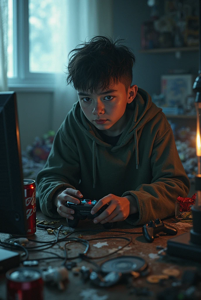 Generate an image of a person with video game disorders, more critical, adolescent, not child