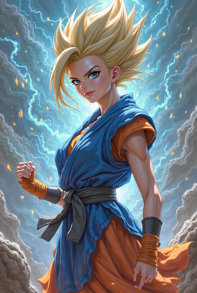 ((female gohan)), dragon ball z ,super sayian, fighting, short hair, yellow eyes, adult, sky, big breasts, purple gi, blonde hair, gloom, detailed face, blue eyes, ((Glowing eyes)), muscular, lean, ((surrounded by aura)), ((flying in the sky)), clouds, hd quality, high atmosphere