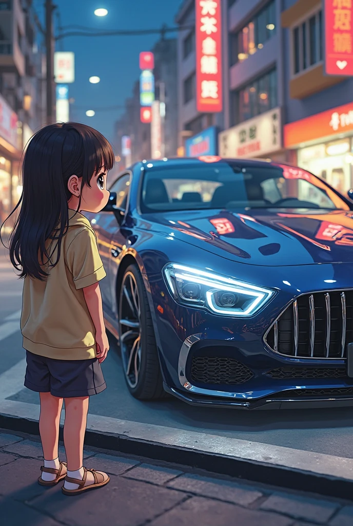 a girl looking black color thar in animation as her dream car with neon lights and fog infront of her house