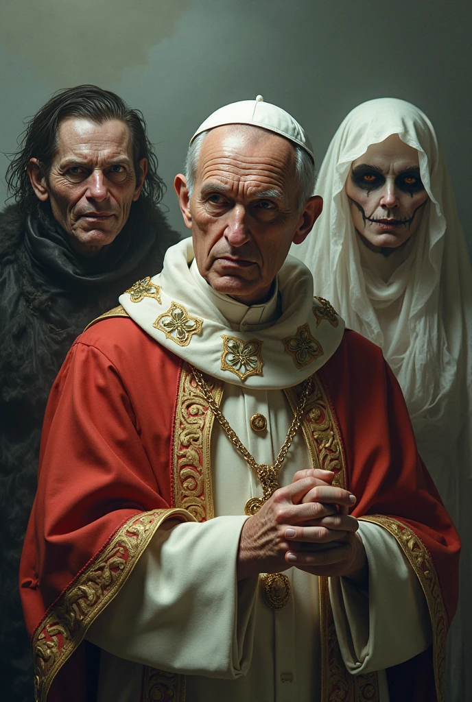 high resolution raw dslr full body shot photo of sidi0us as a pope,smile,illuminated from behind,realistic skin texture,pores,sunny,sweaty skin,skin imperfection,cinematic,depth of field,masterpiece,volumetric lighting,cinematic,surreal dramatic shadow,rim lighting