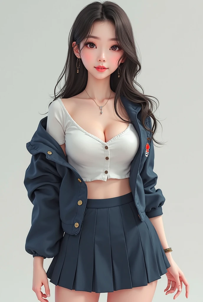 masterpiece, premium quality, Highly detailed CG Unity 8K wallpaper, Super realistic 8kCG, perfect artwork, hourglass body shape, dramatic shadow, (Spotlight, perfect lighting, detailed light, (((1 girl ))), ((sharp face)), ((brown hair, wavy hair)), (((sexy pose))), model body shape, I can see your belly button, big and full breasts, ((cute face) ), (smile gently: 1.2), (asymmetrical bangs, beautiful eyelashes), beautiful face, (beautiful chest line: 1.2), (cleavage), beautiful girl, Exquisite facial features that represent a perfect face, cold, naturally beautiful, Sweat, light and beautiful texpensive expression., expensive school girl, expensive , sailor suit, pleated skirt, loose socks, In front of a wall full of graffiti, night, (((leaning against the wall, she is standing))), award winning photos, detailed, realistic light and shadow, 8K resolution, professional lighting, (shiny skin:0.9), perfect hands,