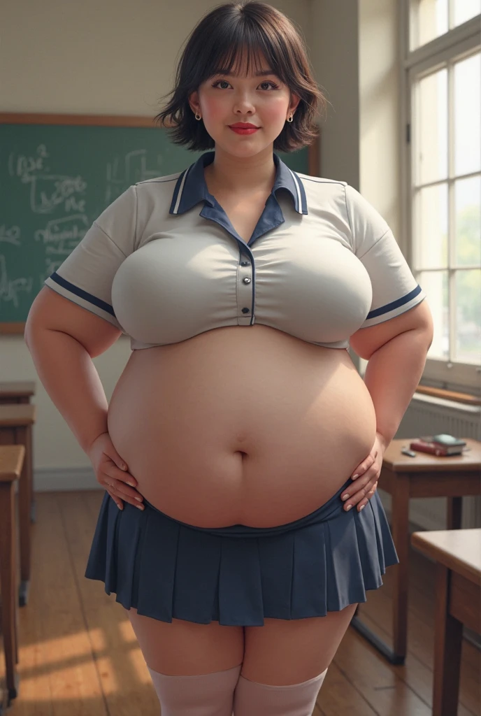 Scarlett Johansson, (masterpiece quality, (masterpiece quality:1.3), realistic, (realistic:1.3), 1girl, (1girl:1.9), solo, (solo:1.9) in a college classroom, lots of pizza in background, brunette, (brunette:1.5), short hair, wearing a white blouse, (white blouse:1.9), midriff, (midriff:1.5), wearing a red plaid skirt, (red plaid skirt:1.5), wearing white stockings, (white stockings:1.5), wearing a choker collar, big breasts, (big breasts:1.2), chubby belly, (chubby belly:1.2),