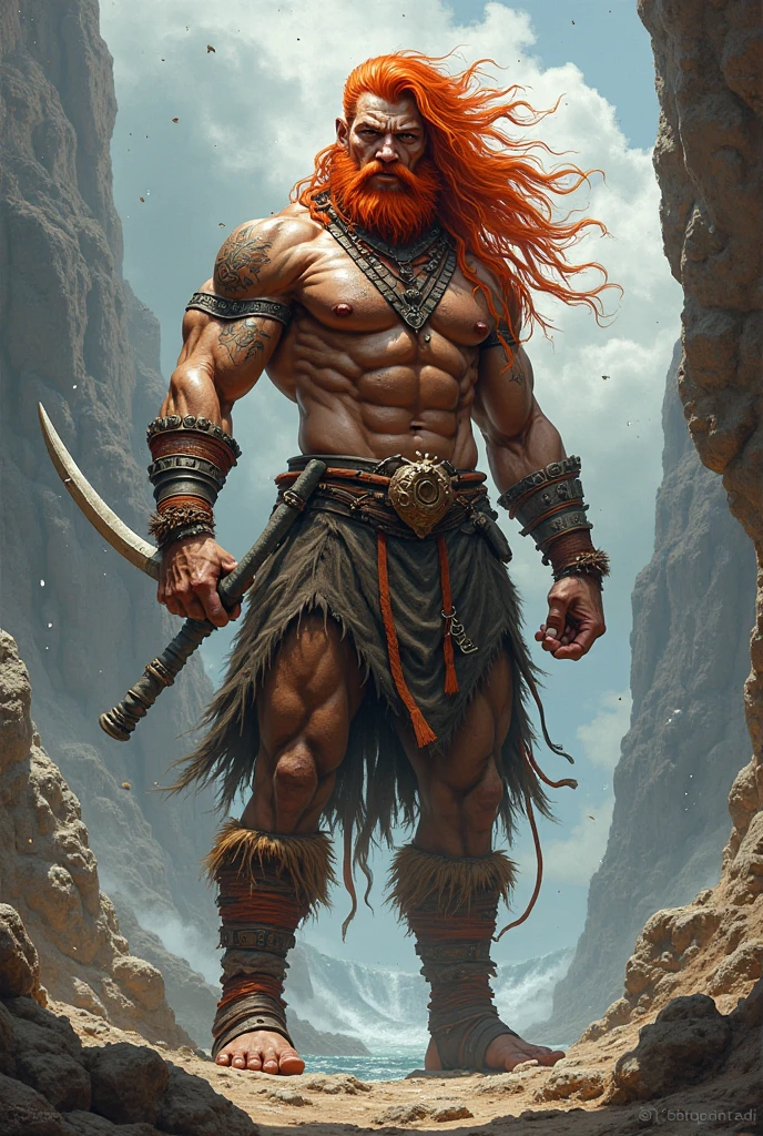 1man, (((solo))), (tall man, muscular body, with many battle scars on his body, long red hair and red beard, red eyes in fury, has a pair of deer antlers on his head), RPG barbarian, furious in combat, carries in his hands a battle axe
