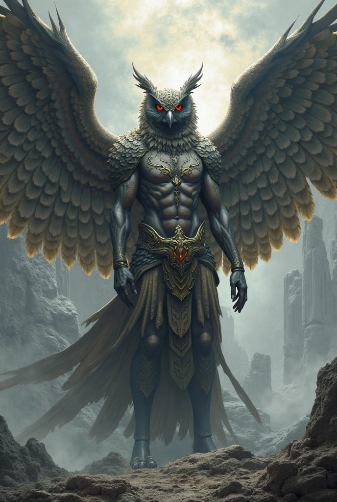 A man with an eagle face , with eyes all over its body and six wings