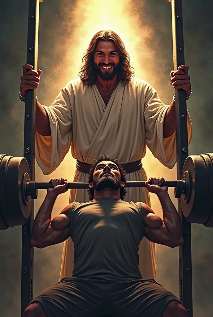 ((((symmetrical perfect face))), touch of oil painting in religious painting, ((((perfect face)), Jesus with a well-formed face, looking up to heaven and shouting, ((shouting with open mouth))))), Jesus with clean eyes, Jesus Christ doing squats with a barbell, ((4 weights)), rusty weights, strong legs, large, wide and wide strong physique |, squatting, Jesus Christ, exaggerated muscular physique, very strong and muscular man, exaggerated muscles, squatting poses, perfect anatomy, classicism,