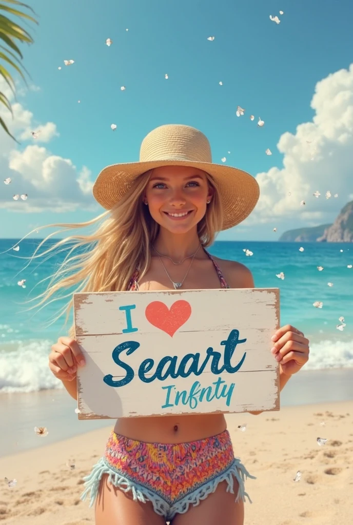 Wanita rambut sebahu pakai dres bohemian dress, holding a white board with text "I Love Seaart Infinity" and showing it to the viewer