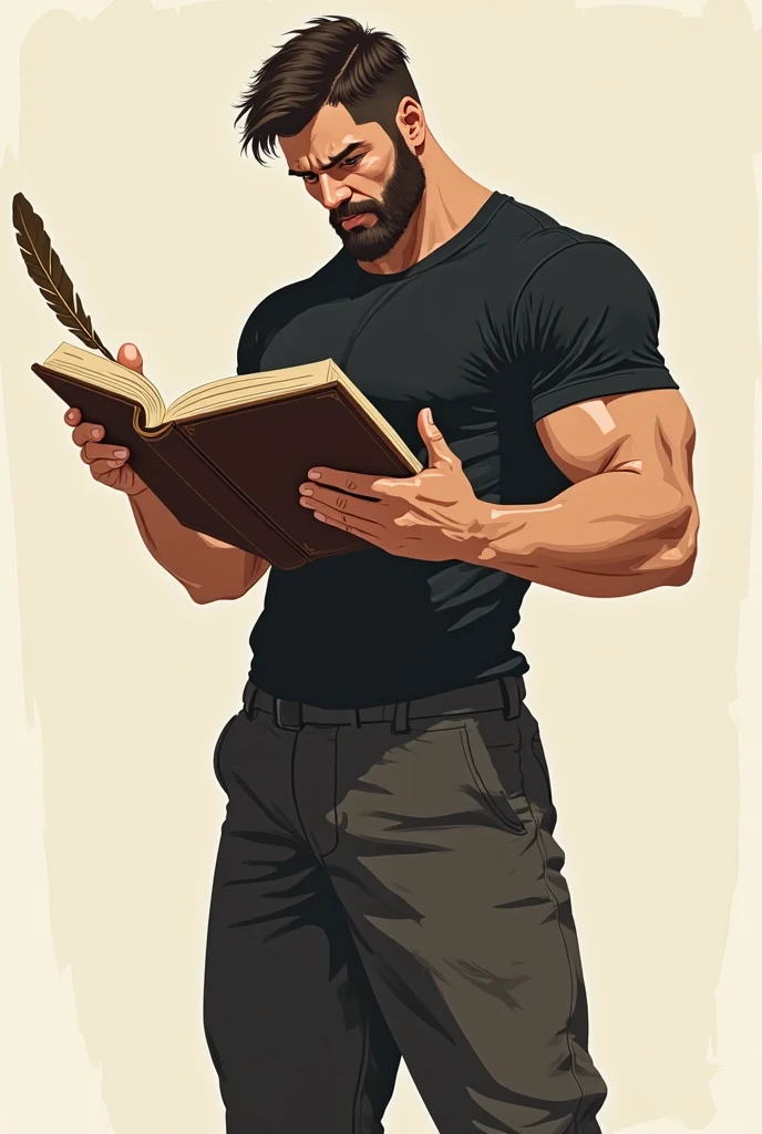 
Caricature, handsome man, buzz cut haircut, wearing thick frame black glasses, semi-realistic, huge muscles, shirtless, topless, muscles ,huge pectoral,reading a book , white background