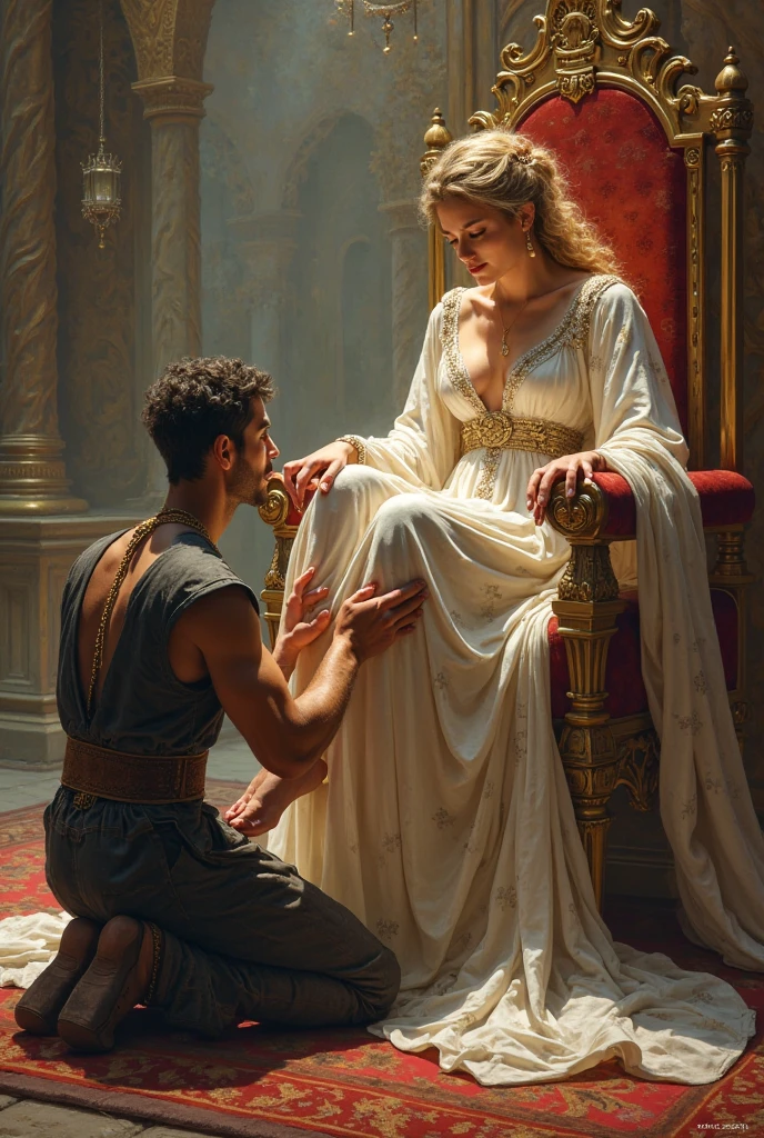 An old male foot slave kissing and lying under the feet of goddess