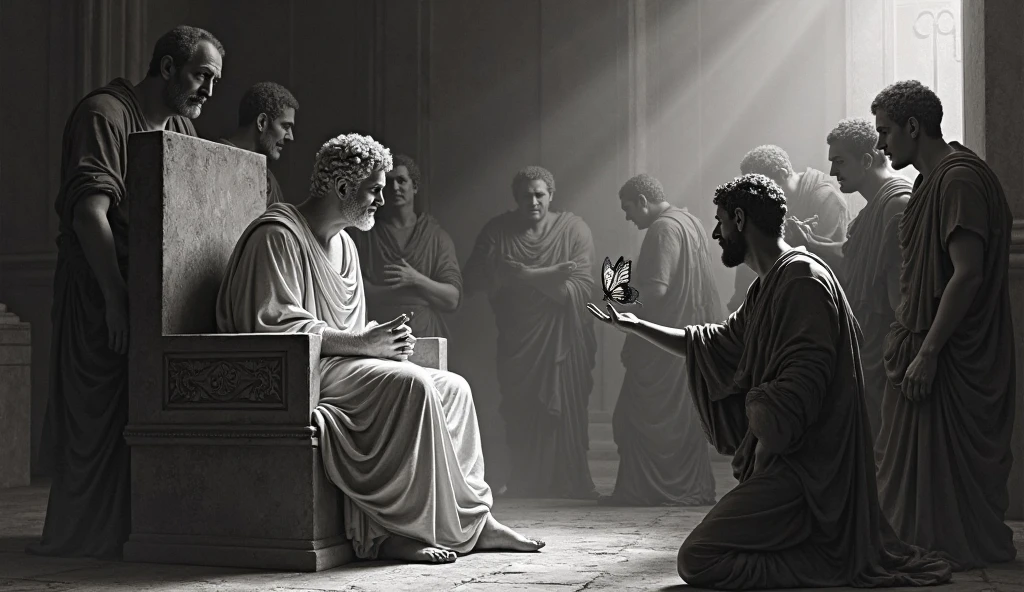 oil painting, Emperor Constantine with laurel wreath sitting on throne giving directions, Roman scribe in tunic writing on a scroll, Edict of Milan