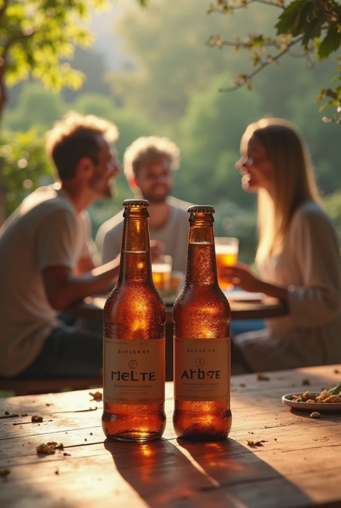 create an image with a family talking during the day and drinking beer, where a luxury beer bottle appears in a celebratory environment