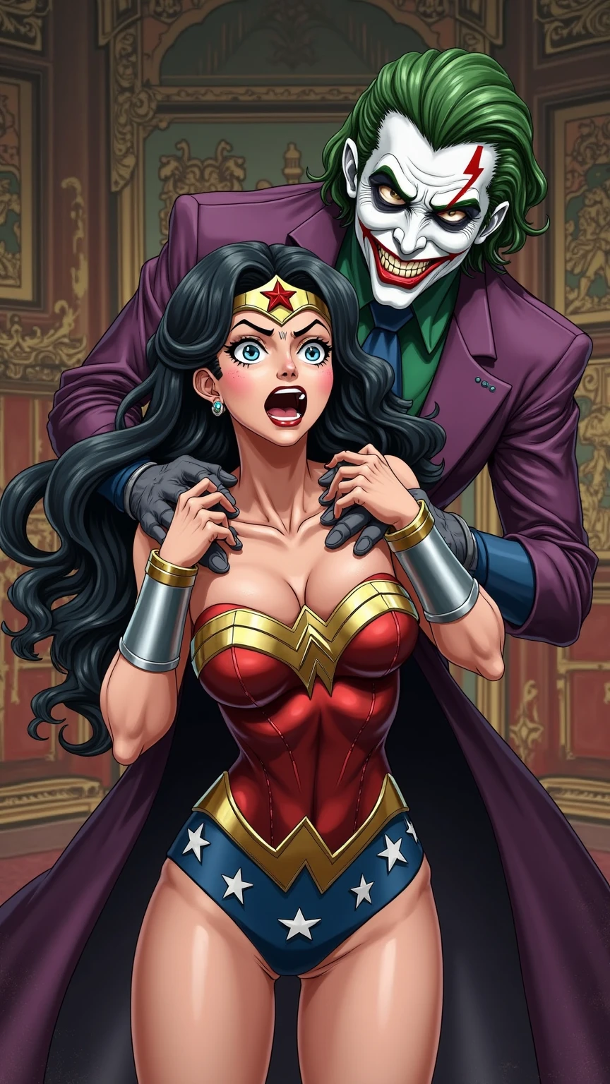 Wonder woman. Collar tied to chair.  (perfect quality) (Naked outfit . (oily skin) )   vibrator . Thick collar. . Latex suit BDSM slave. . . .  Saliva dropping. . Ball gag. 